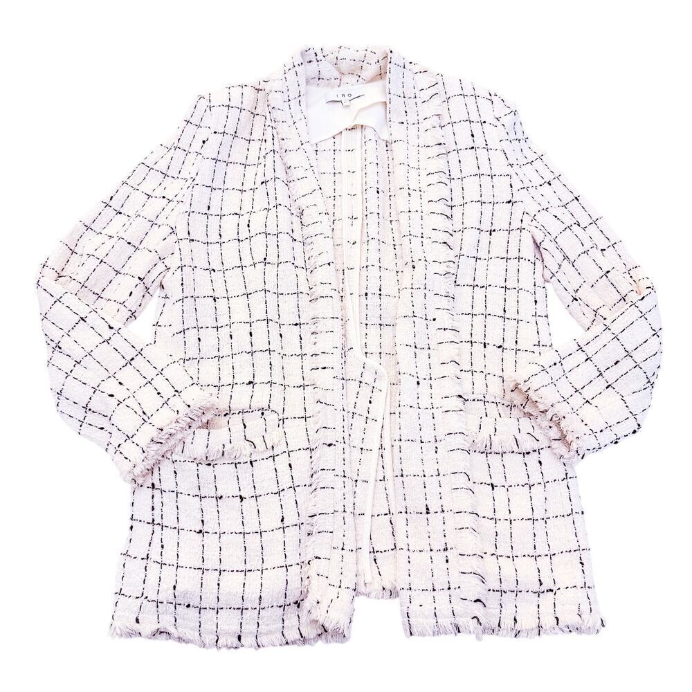IRO Quanto Fringe Hem Plaid Patterned Blazer Jacket White Black Size 42